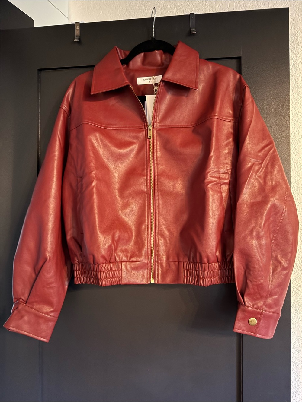 Commense Red Leather Zip Jacket